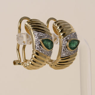 Vintage 18K Gold 0.75 Carat Emerald and Diamond Ribbed Huggie Hoop Earring