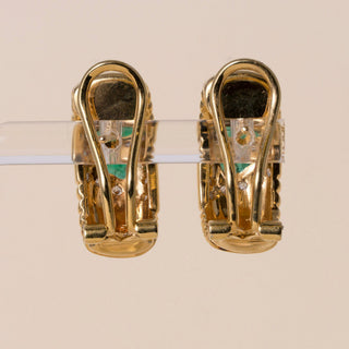Vintage 18K Gold 0.75 Carat Emerald and Diamond Ribbed Huggie Hoop Earring