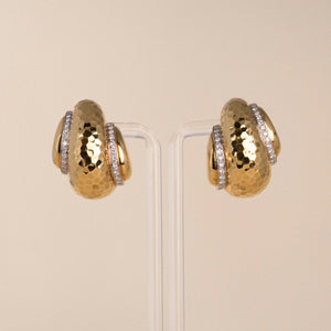 Vintage Andrew Clunn 18K Gold 0.90CT Diamond Hammered Sea Shell Clip On Earrings
