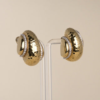 Vintage Andrew Clunn 18K Gold 0.90CT Diamond Hammered Sea Shell Clip On Earrings