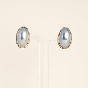 Vintage Blue-Gray Mabé Pearl Omega Back Stud Earrings in 14k Yellow Gold