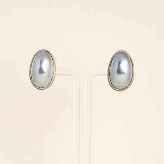 Vintage Blue-Gray Mabé Pearl Omega Back Stud Earrings in 14k Yellow Gold