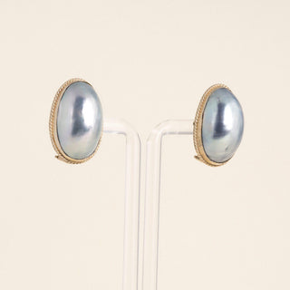 Vintage Blue-Gray Mabé Pearl Omega Back Stud Earrings in 14k Yellow Gold