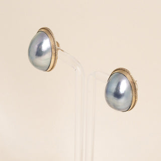 Vintage Blue-Gray Mabé Pearl Omega Back Stud Earrings in 14k Yellow Gold