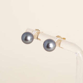 Vintage 14K Yellow Gold 7mm Blue-Gray Pearl Stud Earrings