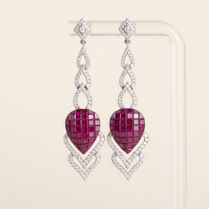 Estate 17K Gold 3ct Invisible Set Ruby and Diamond Pear Drop Earrings