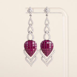 Estate 17K Gold 3ct Invisible Set Ruby and Diamond Pear Drop Earrings
