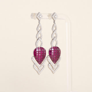 Estate 17K Gold 3ct Invisible Set Ruby and Diamond Pear Drop Earrings