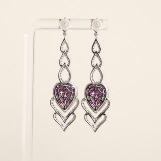 Estate 17K Gold 3ct Invisible Set Ruby and Diamond Pear Drop Earrings