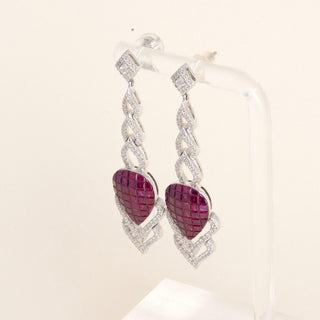 Estate 17K Gold 3ct Invisible Set Ruby and Diamond Pear Drop Earrings