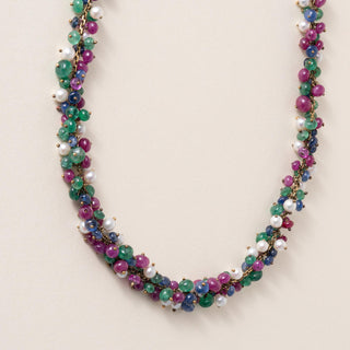 Vintage 1950s Multi Gem & Cultured Pearl Beaded 18K Gold Necklace