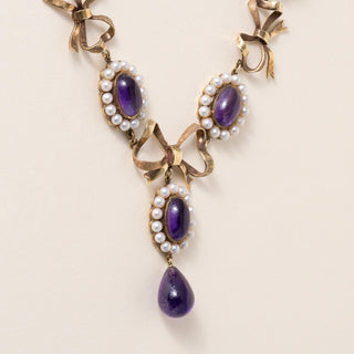Antique Victorian 21 Carats Amethyst and Seed Pearl Swag 14K Gold Necklace