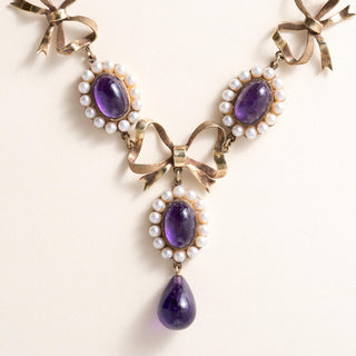 Antique Victorian 21 Carats Amethyst and Seed Pearl Swag 14K Gold Necklace