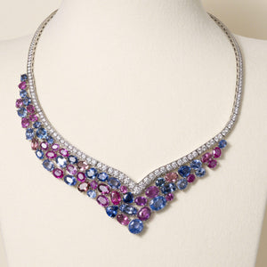 Platinum Diamond and 47.05 Carats Multi Color Sapphire Necklace