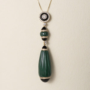 Estate 18K Gold Carved Malachite Onyx and Diamond Drop Necklace