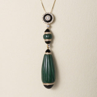 Estate 18K Gold Carved Malachite Onyx and Diamond Drop Necklace