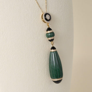 Estate 18K Gold Carved Malachite Onyx and Diamond Drop Necklace