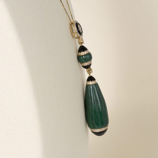 Estate 18K Gold Carved Malachite Onyx and Diamond Drop Necklace