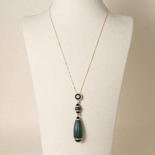 Estate 18K Gold Carved Malachite Onyx and Diamond Drop Necklace