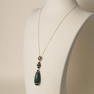 Estate 18K Gold Carved Malachite Onyx and Diamond Drop Necklace