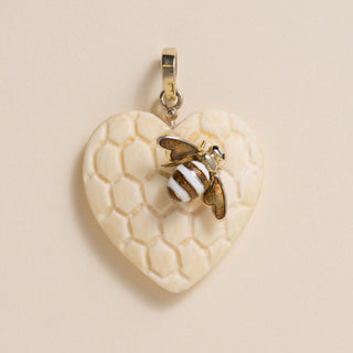 Vintage 14K Gold Enamel Bee on Carved Honeycomb Bone Heart Pendant