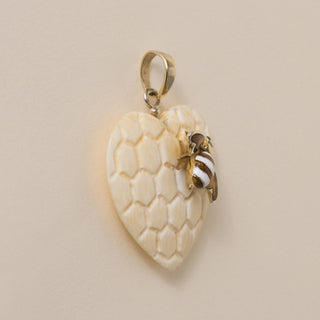 Vintage 14K Gold Enamel Bee on Carved Honeycomb Bone Heart Pendant