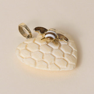 Vintage 14K Gold Enamel Bee on Carved Honeycomb Bone Heart Pendant