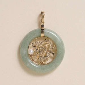 Vintage 1960s 14K Gold Lucky Dragon Jade & Pearl Pendant, Hinged Bale