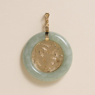 Vintage 1960s 14K Gold Lucky Dragon Jade & Pearl Pendant, Hinged Bale