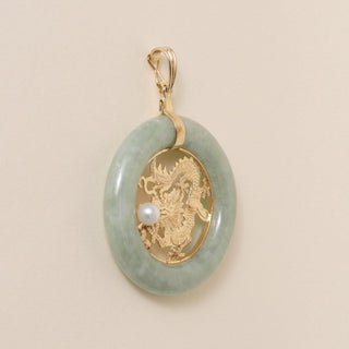 Vintage 1960s 14K Gold Lucky Dragon Jade & Pearl Pendant, Hinged Bale