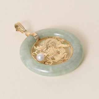 Vintage 1960s 14K Gold Lucky Dragon Jade & Pearl Pendant, Hinged Bale