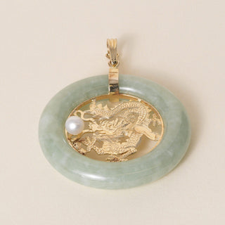 Vintage 1960s 14K Gold Lucky Dragon Jade & Pearl Pendant, Hinged Bale