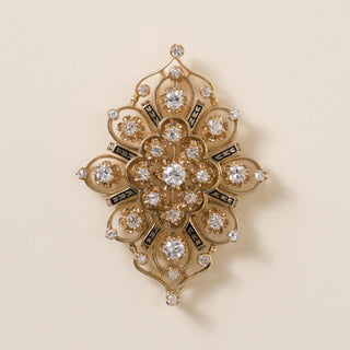 Victorian Revival 14K Gold 3CT Antique Cut Diamond & Enamel Pendant Brooch