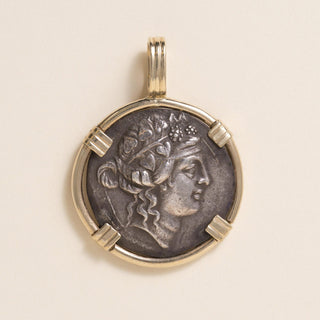 Greek Thasos Silver Tetradrachm 14K Gold Bezel Coin Pendant, Dionysus & Hercules