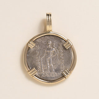 Greek Thasos Silver Tetradrachm 14K Gold Bezel Coin Pendant, Dionysus & Hercules