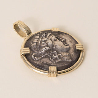 Greek Thasos Silver Tetradrachm 14K Gold Bezel Coin Pendant, Dionysus & Hercules