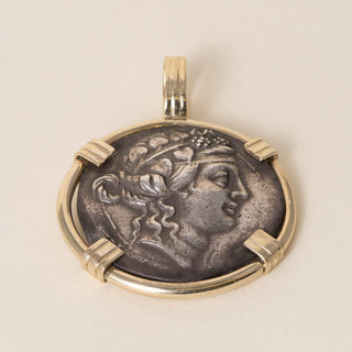 Greek Thasos Silver Tetradrachm 14K Gold Bezel Coin Pendant, Dionysus & Hercules