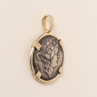 Greek Thasos Silver Tetradrachm 14K Gold Bezel Coin Pendant, Dionysus & Hercules