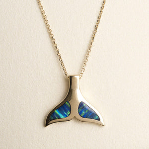 14k Yellow Gold Blue Opal Inlay Whale Tail Pendant Necklace 18"