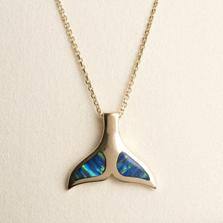 14k Yellow Gold Blue Opal Inlay Whale Tail Pendant Necklace 18"