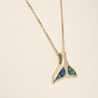 14k Yellow Gold Blue Opal Inlay Whale Tail Pendant Necklace 18"