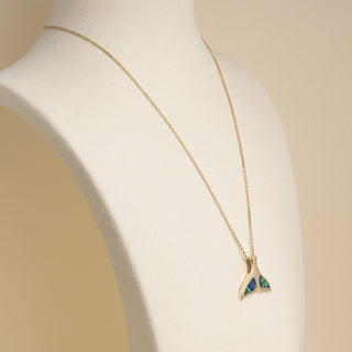 14k Yellow Gold Blue Opal Inlay Whale Tail Pendant Necklace 18"