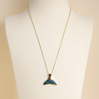 14k Yellow Gold Blue Opal Inlay Whale Tail Pendant Necklace 18"