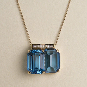 14K/18K Gold Chunky Geometric Blue Topaz & Diamond Pendant Necklace 18"