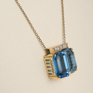 14K/18K Gold Chunky Geometric Blue Topaz & Diamond Pendant Necklace 18"