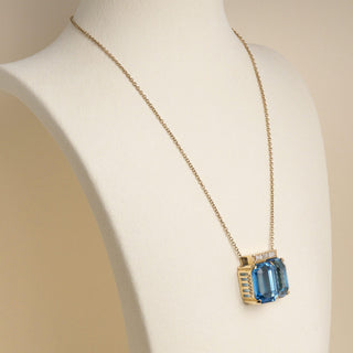 14K/18K Gold Chunky Geometric Blue Topaz & Diamond Pendant Necklace 18"