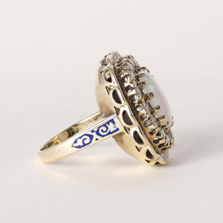 Vintage 14K Gold Opal and Diamond and Enamel Cocktail Ring