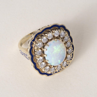 Vintage 14K Gold Opal and Diamond and Enamel Cocktail Ring