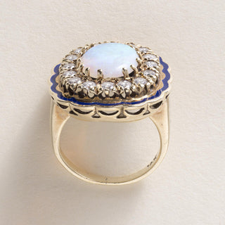 Vintage 14K Gold Opal and Diamond and Enamel Cocktail Ring