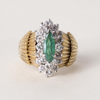 Vintage 17K Plat Emerald Marquise and Diamond Scallop Ring